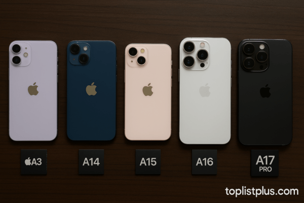 ภาพเปรียบเทียบวิวัฒนาการของชิป iPhone แสดงชิปหลายรุ่นจาก A3 ถึง A17 PRO จัดเรียงตามลำดับ บนพื้นหลังเรียบ พร้อมลายน้ำ toplistplus.com เพื่อใช้ในบทความ SEO หัวข้อ “สรุปชิป iPhone ทั้งหมด”