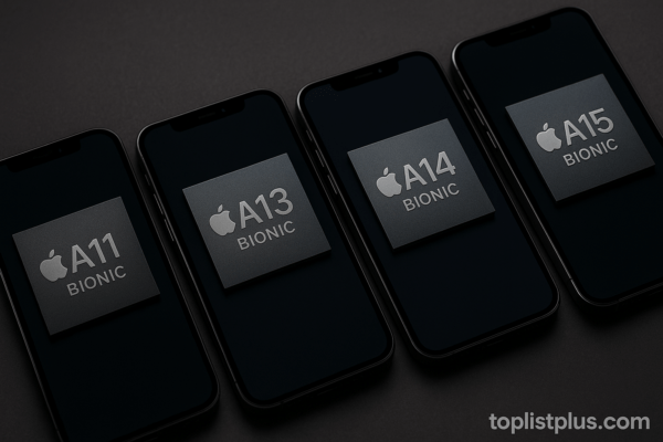 ชิป iPhone หลายรุ่นจัดเรียงอยู่บนหน้าจอสมาร์ตโฟนในภาพแนวนอน แสดงวิวัฒนาการของชิปประมวลผลในบทความ “สรุปชิป iPhone ทั้งหมด”