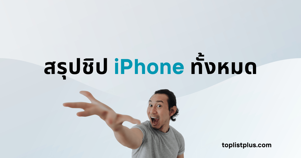 ภาพหน้าปกบทความสรุปชิป iPhone ทั้งหมด แสดงแนวคิดเกี่ยวกับการรวบรวมข้อมูลชิปประมวลผลทุกตระกูลของ iPhone ตั้งแต่รุ่นแรกจนถึงรุ่นล่าสุด โดยใช้ Focus Keyphrase สรุปชิป iPhone ทั้งหมด