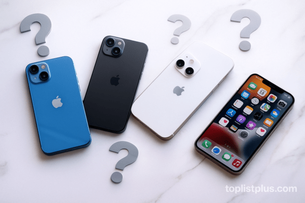 ภาพ iPhone หลายรุ่นวางเรียงกันบนพื้นหินอ่อน พร้อมเครื่องหมายคำถามเพื่อสื่อถึงหัวข้อคำถามที่พบบ่อยในบทความ “iPhone ราคาไม่เกิน 20000 รุ่นไหนดี”