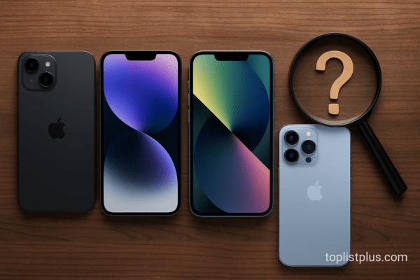 ภาพเคล็ดลับการเลือกซื้อ iPhone ราคาไม่เกิน 50000 รุ่นไหนดี แสดง iPhone หลายรุ่นวางเรียงบนโต๊ะไม้ พร้อมแว่นขยายและพื้นหลังโทนอบอุ่น