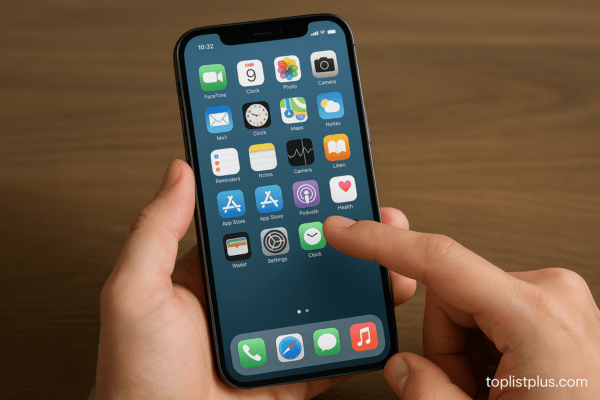 มือถือ iPhone ถูกใช้งานอยู่บนโต๊ะไม้ แสดงภาพอินเทอร์เฟซของแอปต่าง ๆ สื่อถึงหัวข้อ ทริกการใช้งาน iPhone ที่ทุกคนควรรู้