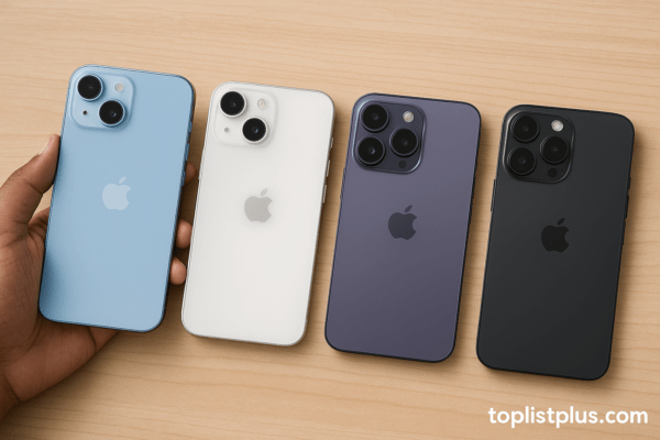 ภาพเคล็ดลับการเลือกซื้อ iPhone สำหรับสายคอนเทนต์ รุ่นไหนดี แสดงไอโฟนหลายรุ่นวางเรียงบนโต๊ะไม้ในสตูดิโอแสงธรรมชาติ