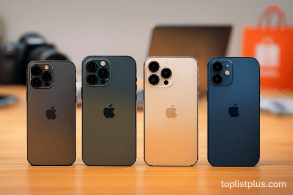 ภาพแนวนอนของ iPhone สำหรับสายคอนเทนต์ รุ่นไหนดี วางเรียงแสดงดีไซน์และกล้องหลังอย่างชัดเจน พร้อมกล้องถ่ายรูปและโน้ตบุ๊กในฉากหลัง สื่อถึงการใช้งานสร้างคอนเทนต์อย่างมืออาชีพ