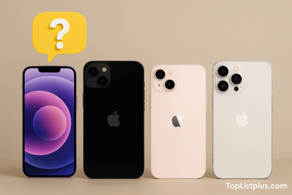 ภาพคำถามที่พบบ่อยเกี่ยวกับ iPhone สำหรับสายคอนเทนต์ รุ่นไหนดี แสดง iPhone หลายรุ่นจัดเรียงในแนวระนาบพร้อมพื้นหลังเรียบหรู