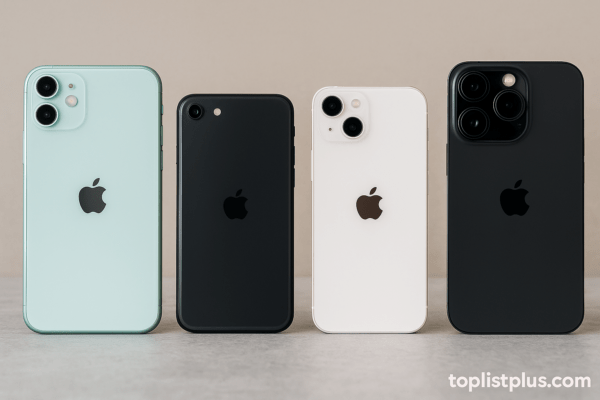 ภาพรวมของ iPhone ใช้งานทั่วไป รุ่นไหนดี วางเรียงกันหลายรุ่น แสดงให้เห็นดีไซน์และความแตกต่างของแต่ละรุ่นในบรรยากาศเรียบหรู