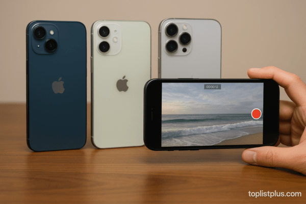 ภาพ iPhone หลายรุ่นกำลังใช้งานกล้องถ่ายวิดีโอ โฟกัสที่คุณภาพกล้องในหัวข้อ iPhone ถ่ายวิดีโอดี รุ่นไหนดี