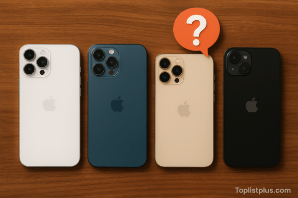 ภาพ iPhone ถ่ายวิดีโอดี รุ่นไหนดี วางเรียงหลายสีบนพื้นไม้ พร้อมเครื่องหมายคำถาม แสดงถึงการเปรียบเทียบรุ่นสำหรับการถ่ายวิดีโอ