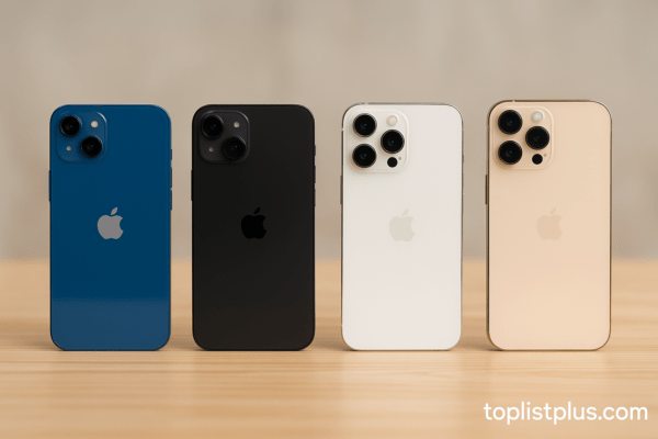 ภาพ iPhone สำหรับไลฟ์ขายของ รุ่นไหนดี วางเรียงกันหลายสีบนโต๊ะไม้ ใช้แสงอบอุ่น เหมาะสำหรับประกอบบทความคำถามที่พบบ่อย