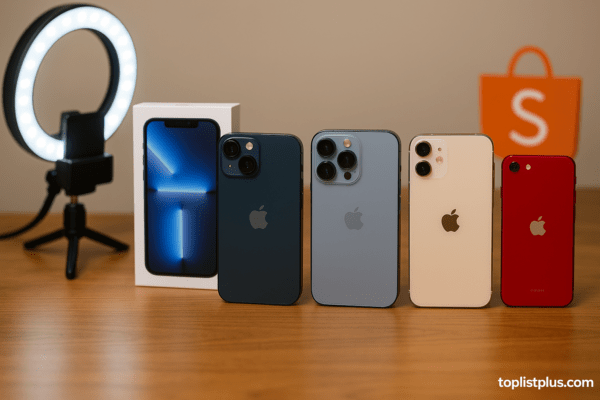 ภาพเคล็ดลับการเลือกซื้อ iPhone สำหรับไลฟ์ขายของ รุ่นไหนดี แสดงบรรยากาศการจัดวาง iPhone หลายรุ่นพร้อมไฟวงแหวนสตูดิโอสำหรับถ่ายไลฟ์สด