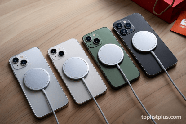 ภาพ iPhone รองรับ MagSafe รุ่นไหนดี วางเรียงชาร์จแบบไร้สายบนแท่น MagSafe บนพื้นโต๊ะไม้ เรียลสมจริง มีลายน้ำ toplistplus.com