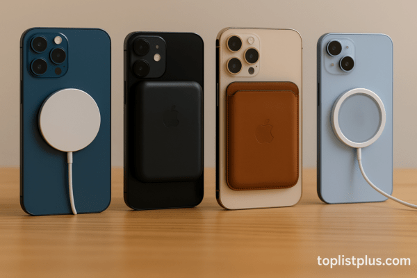 iPhone รองรับ MagSafe รุ่นไหนดี กับอุปกรณ์เสริม MagSafe เช่น ที่ชาร์จไร้สาย แท่นชาร์จ และกระเป๋าหนัง วางเรียงกันบนโต๊ะไม้