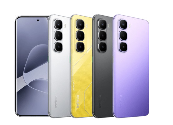 รีวิว Infinix HOT 60 Pro+ แสดงตัวเครื่อง 4 สี ได้แก่ สีขาว สีเหลือง สีเทา/ดำ และสีม่วง โดยเน้นการออกแบบกล้องหลังสามตัวและหน้าจอแสดงผล