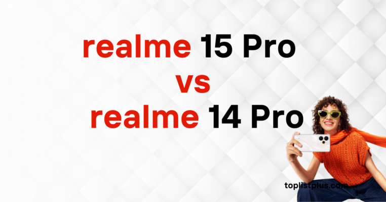 "realme 15 Pro vs realme 14 Pro" - ผู้หญิงยิ้มแย้มถือสมาร์ทโฟน realme สีขาวมุกในแนวนอนเพื่อถ่ายภาพ แสดงให้เห็นโมดูลกล้องหลังพร้อมเลนส์สองตัว และใส่แว่นกันแดดกรอบสีเขียวนีออน พร้อมผ้าพันคอสีส้ม