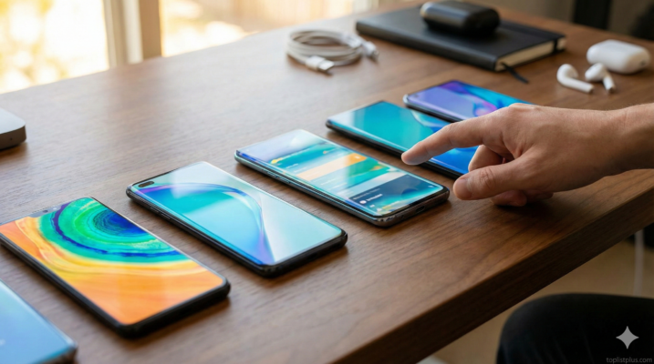 ภาพประกอบหัวข้อคำถามที่พบบ่อยเกี่ยวกับการเลือกซื้อ โทรศัพท์ จอ 120Hz รุ่นไหนดี แสดงการเปรียบเทียบมือถือหลายรุ่นบนโต๊ะไม้