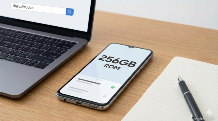 ภาพประกอบบทความคำถามที่พบบ่อยเกี่ยวกับ โทรศัพท์ ROM 256GB รุ่นไหนดี แสดงสมาร์ทโฟนและแล็ปท็อปบนโต๊ะทำงาน