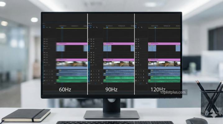 ภาพกราฟิกบนหน้าจอคอมพิวเตอร์แสดงการเปรียบเทียบความลื่นไหลของภาพที่ระดับ 60Hz, 90Hz, และ 120Hz เพื่ออธิบายว่า 60Hz 90Hz 120Hz ต่างกันยังไง