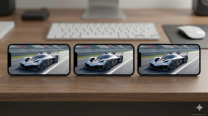 ภาพจำลองการเปรียบเทียบหน้าจอสมาร์ทโฟน 3 เครื่อง แสดงผลเกมแข่งรถที่มีระดับความเบลอจากการเคลื่อนไหวต่างกัน เพื่อสื่อให้เห็นว่า 60Hz 90Hz 120Hz ต่างกันยังไง ในด้านความลื่นไหลและความคมชัดของภาพ