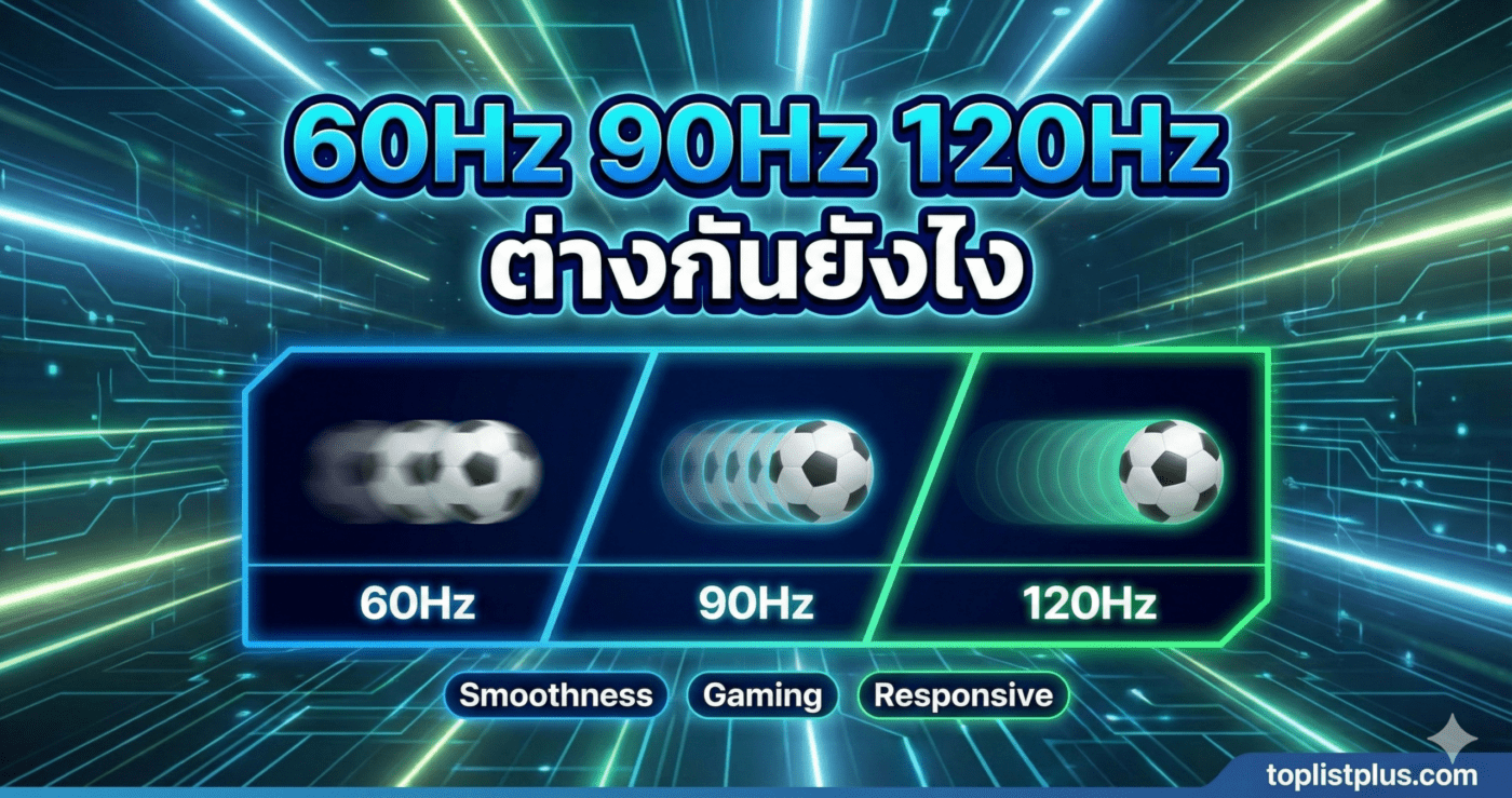 ภาพหน้าปกบทความเปรียบเทียบความลื่นไหลของหน้าจอ แสดงหัวข้อ 60Hz 90Hz 120Hz ต่างกันยังไง พร้อมภาพจำลองการเคลื่อนที่ของลูกบอล