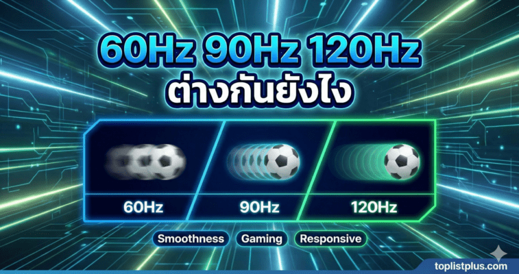 ภาพหน้าปกบทความเปรียบเทียบความลื่นไหลของหน้าจอ แสดงหัวข้อ 60Hz 90Hz 120Hz ต่างกันยังไง พร้อมภาพจำลองการเคลื่อนที่ของลูกบอล