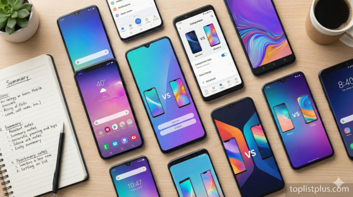 ภาพประกอบบทสรุปการเปรียบเทียบสมาร์ทโฟนหลายรุ่น เพื่อหาคำตอบว่า โทรศัพท์ จอ 90Hz รุ่นไหนดี โดยมีสมุดโน้ตและลายน้ำ toplistplus.com