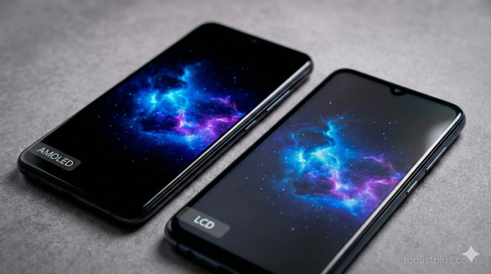 สมาร์ทโฟนสองเครื่องวางคู่กันเพื่อเปรียบเทียบหน้าจอ AMOLED vs LCD โดยแสดงภาพพื้นหลังกาแล็กซีสีเข้ม เครื่องซ้ายระบุว่าเป็น AMOLED ให้สีดำสนิท เครื่องขวาระบุว่าเป็น LCD มีแสงแบ็คไลท์สว่างกว่าเล็กน้อย