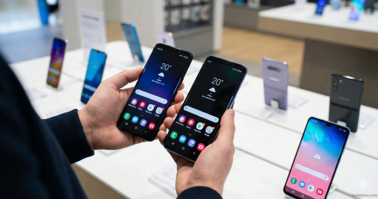 มือที่กำลังถือและเปรียบเทียบสมาร์ทโฟนสองเครื่องในร้านค้า เพื่อเลือกดูว่า โทรศัพท์ Android จอ AMOLED รุ่นไหนดี