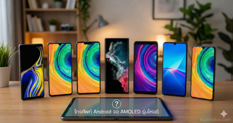 ภาพบทสรุปการเปรียบเทียบ โทรศัพท์ Android จอ AMOLED รุ่นไหนดี แสดงสมาร์ทโฟนหลายรุ่นพร้อมหน้าจอสีสดใสวางเรียงกัน
