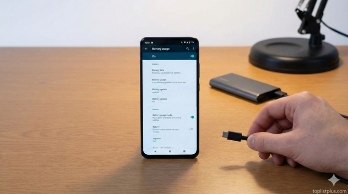 รูปภาพแสดงสมาร์ทโฟน Android ที่กำลังแสดงหน้าจอการตั้งค่าแบตเตอรี่ และมีมือคนกำลังจะเสียบสายชาร์จ เป็นตัวอย่างของ วิธีถนอมแบตมือถือ Android