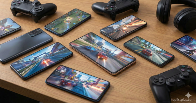 ภาพหัวข้อบทความคำถามที่พบบ่อย แสดงสมาร์ทโฟนหลายรุ่น จอยเกม และหูฟัง เพื่อตอบโจทย์ โทรศัพท์ Android เล่นเกมลื่น รุ่นไหนดี