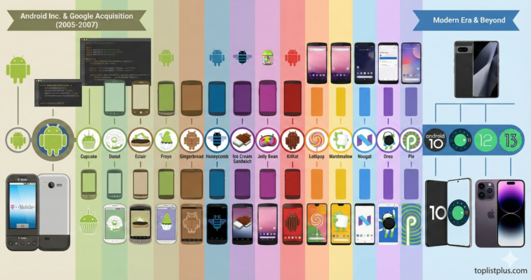 ภาพอินโฟกราฟิกแสดงเส้นเวลา ประวัติ Android ตั้งแต่การก่อตั้งจนถึงเวอร์ชันปัจจุบัน พร้อมโลโก้และรุ่นโทรศัพท์มือถือที่สำคัญ