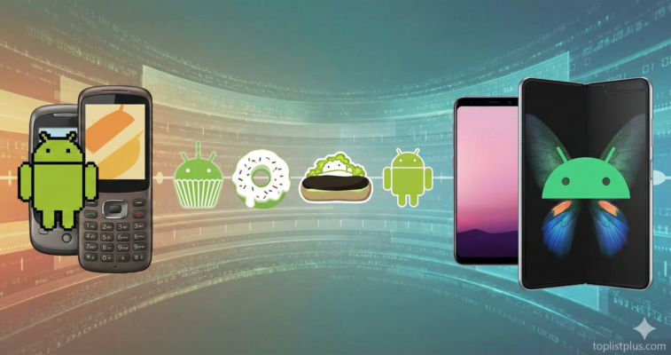 ภาพอินโฟกราฟิกแสดงวิวัฒนาการของสมาร์ทโฟนและโลโก้เวอร์ชันต่างๆ ใน ประวัติ Android ตั้งแต่อดีตจนถึงปัจจุบัน