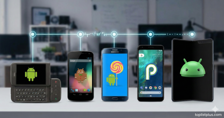 ภาพกราฟิกแสดงวิวัฒนาการและไทม์ไลน์ของระบบปฏิบัติการหุ่นยนต์สีเขียวสำหรับบทความ ประวัติ Android