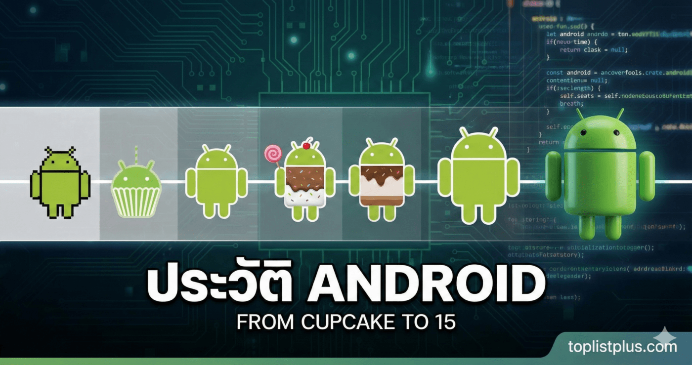 รูปภาพปกบทความ ประวัติ Android แสดงวิวัฒนาการและโลโก้ของระบบปฏิบัติการ