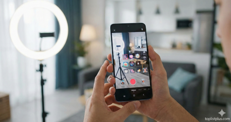 ภาพประกอบบทความเคล็ดลับการเลือกซื้อ โทรศัพท์ Android ถ่าย TikTok รุ่นไหนดี แสดงคนกำลังใช้สมาร์ทโฟนถ่ายวิดีโอในสตูดิโอพร้อมไฟวงแหวน