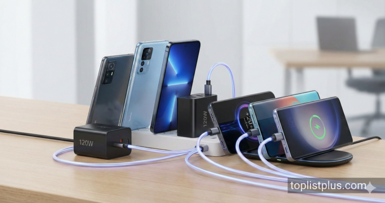 ภาพประกอบบทความ "โทรศัพท์ Android ชาร์จเร็ว 120W รุ่นไหนดี" แสดงสมาร์ทโฟนหลายเครื่องกำลังชาร์จไฟด้วยอะแดปเตอร์ 120W และสายชาร์จเรืองแสงบนโต๊ะทำงาน