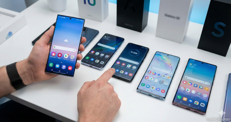 มือคนกำลังถือและชี้เปรียบเทียบสมาร์ทโฟนหลายรุ่นบนโต๊ะ เพื่อหาคำตอบว่า โทรศัพท์ Android ความจุ 512GB รุ่นไหนดี