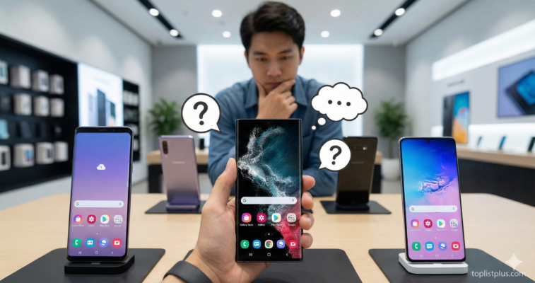 ภาพผู้ชายกำลังยืนคิดหนักในร้านขายมือถือ มีเครื่องหมายคำถามลอยอยู่รอบๆ ประกอบบทความคำถามที่พบบ่อยเกี่ยวกับการเลือกซื้อ โทรศัพท์ Android ความจุ 512GB รุ่นไหนดี