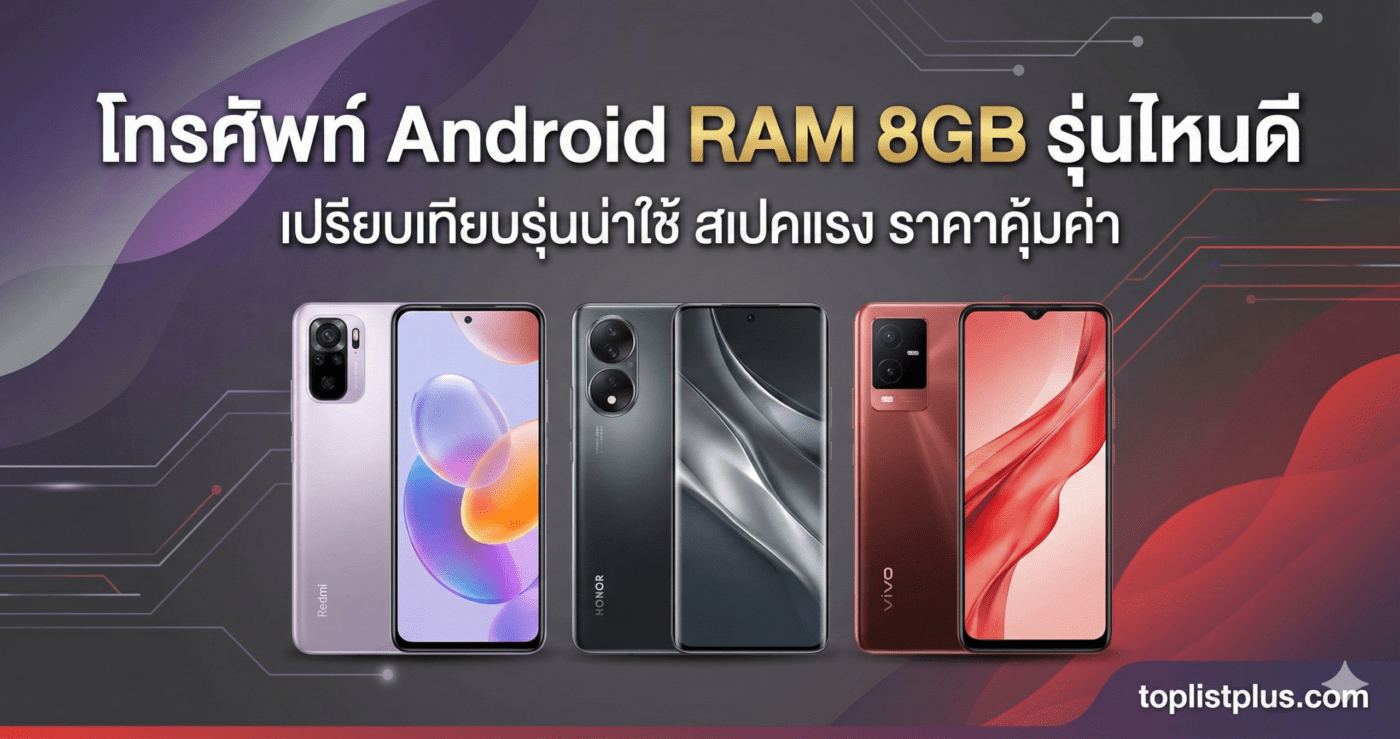 ภาพปกบทความรีวิว "โทรศัพท์ Android RAM 8GB รุ่นไหนดี" ปี 2024 เปรียบเทียบรุ่นน่าใช้ สเปคแรง ราคาคุ้มค่า โดยมีสมาร์ทโฟน Android สามเครื่อง ได้แก่ Redmi, HONOR, และ vivo แสดงบนพื้นหลังสีเทา-ม่วง-แดง พร้อมลายน้ำ toplistplus.com ที่มุมล่างขวา