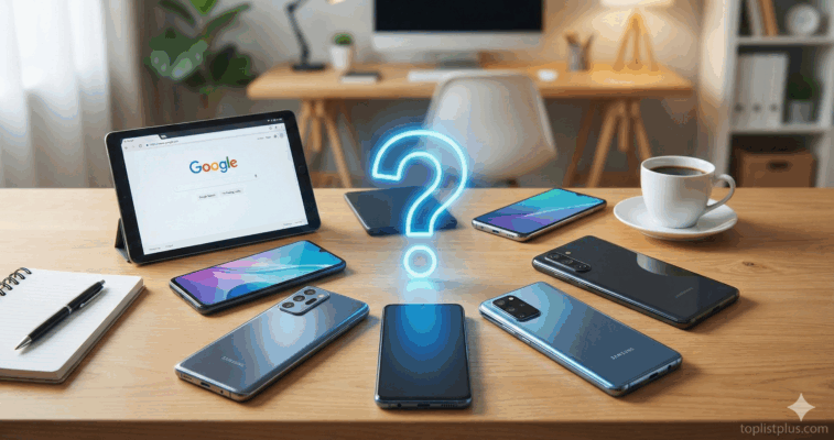 ภาพประกอบบทความคำถามที่พบบ่อย (FAQ) เพื่อช่วยตัดสินใจว่า โทรศัพท์ Android ไม่เกิน 20000 รุ่นไหนดี แสดงสมาร์ทโฟนหลายรุ่นวางอยู่รอบเครื่องหมายคำถามบนโต๊ะทำงาน