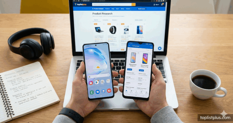 ภาพคนกำลังเปรียบเทียบโทรศัพท์เพื่อหาคำตอบว่า โทรศัพท์ Android ไม่เกิน 30000 รุ่นไหนดี