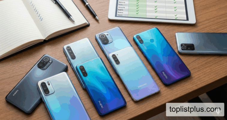 โทรศัพท์ Android ไม่เกิน 30000 รุ่นไหนดี โทรศัพท์มือถือแบรนด์ต่างๆ เช่น Xiaomi และ Realme เรียงรายบนโต๊ะทำงาน พร้อมด้วยสมุดบันทึกและแท็บเล็ตที่แสดงรายการเปรียบเทียบ