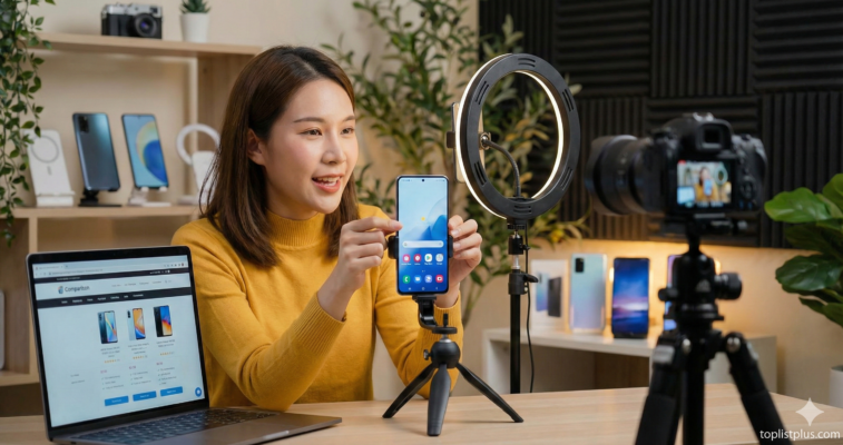 หญิงสาวกำลังรีวิวและทดสอบเพื่อหาคำตอบว่า โทรศัพท์ Android สำหรับไลฟ์สด รุ่นไหนดี ภายในสตูดิโอที่มีอุปกรณ์ไฟวงแหวนและกล้อง