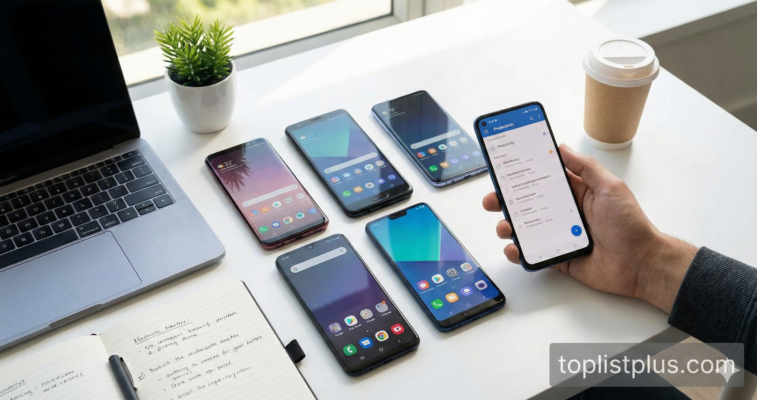 ภาพบรรยากาศโต๊ะทำงานที่มีสมาร์ทโฟนหลายรุ่นวางเรียงกัน เพื่อหาข้อสรุปว่า โทรศัพท์ Android สำหรับพนักงานออฟฟิศ รุ่นไหนดี ที่สุด