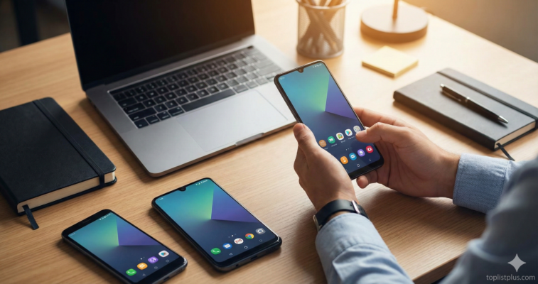 ภาพประกอบบทความคำถามที่พบบ่อยเกี่ยวกับการเลือก โทรศัพท์ Android สำหรับพนักงานออฟฟิศ รุ่นไหนดี แสดงภาพคนกำลังใช้งานและเปรียบเทียบมือถือบนโต๊ะทำงาน