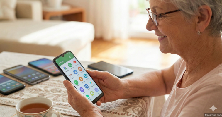 ภาพผู้สูงอายุกำลังใช้งาน โทรศัพท์ Android สำหรับผู้สูงอายุ รุ่นไหนดี เพื่อแสดงเคล็ดลับการเลือกซื้อโทรศัพท์ที่เหมาะสม