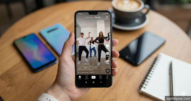 ภาพประกอบการใช้งาน โทรศัพท์ Android เล่น TikTok ลื่น รุ่นไหนดี กำลังดูวิดีโอในแอปพลิเคชันบนโต๊ะกาแฟ