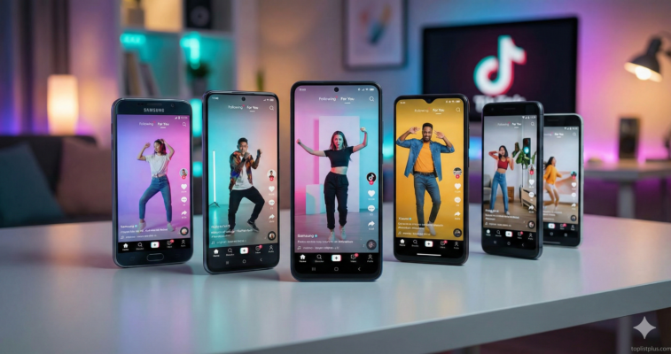 ภาพรวมโทรศัพท์ Android หลายรุ่นที่กำลังเปิดแอป TikTok แสดงถึงหัวข้อโทรศัพท์ Android เล่น TikTok ลื่น รุ่นไหนดี