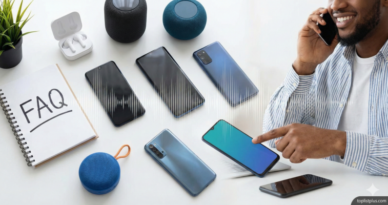 ภาพประกอบบทความ FAQ เกี่ยวกับการเลือกซื้อ โทรศัพท์ Android ลำโพงดี รุ่นไหนดี แสดงรูปคนกำลังเปรียบเทียบสมาร์ทโฟนและลำโพงบลูทูธ