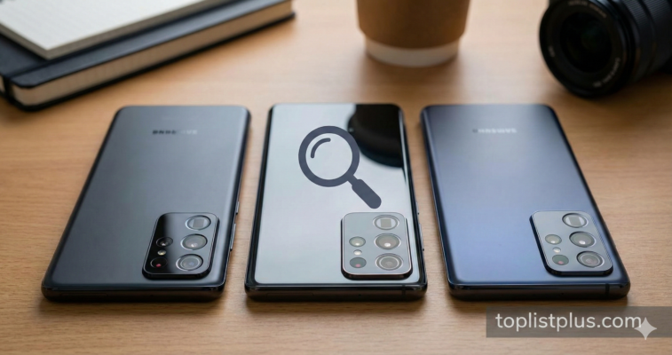 ภาพถ่ายสมาร์ทโฟน Android สามรุ่นวางเรียงกัน เน้นให้เห็นกล้องหลังหลายเลนส์ รวมถึงเลนส์ Telephoto พร้อมมีไอคอนแว่นขยายทับอยู่ สื่อถึงการหาคำตอบสำหรับคำถามที่ว่า โทรศัพท์ Android กล้อง Tele รุ่นไหนดี